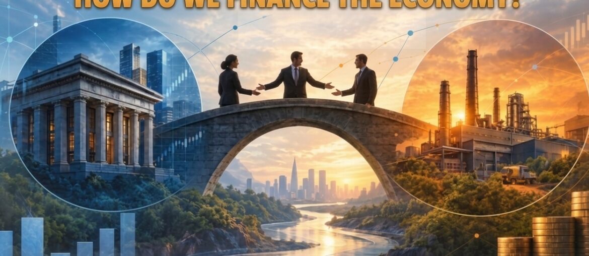 Three persons on a bridge connecting city and business